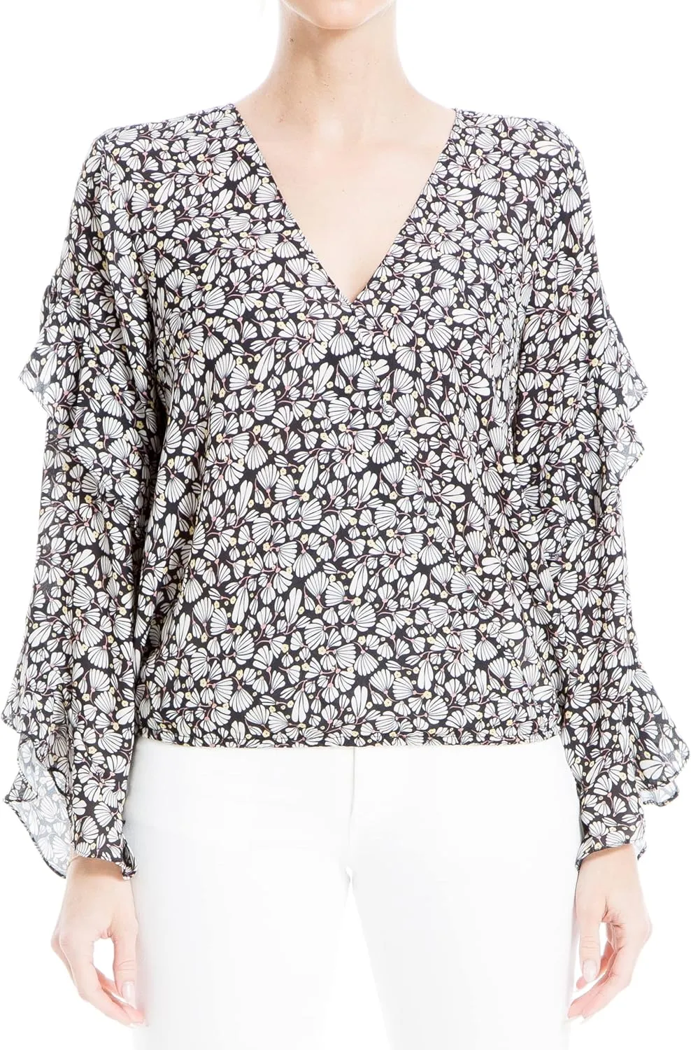 Max Studio Women's Crepe Long Sleeve Faux Wrap Blouse
