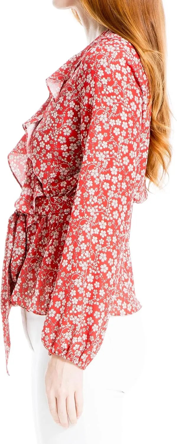Max Studio Women's Plus Size Long Sleeve Wrap Ruffle Front Top