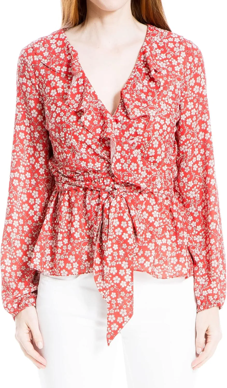 Max Studio Women's Plus Size Long Sleeve Wrap Ruffle Front Top
