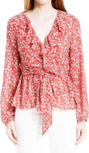 Max Studio Women's Plus Size Long Sleeve Wrap Ruffle Front Top