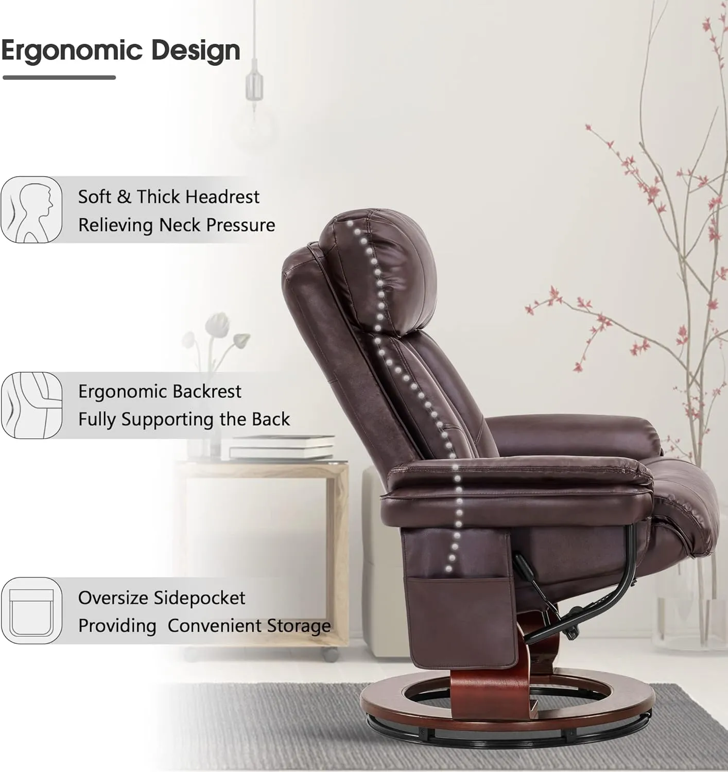 MCombo Swivel Recliner with Ottoman, Faux Leather TV Chair with Vibration Massage, Ideal for Small Space, Living Room & Bedroom (Faux Leather, Dark Brown)