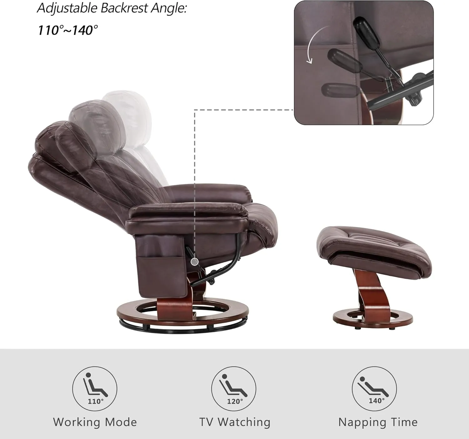 MCombo Swivel Recliner with Ottoman, Faux Leather TV Chair with Vibration Massage, Ideal for Small Space, Living Room & Bedroom (Faux Leather, Dark Brown)