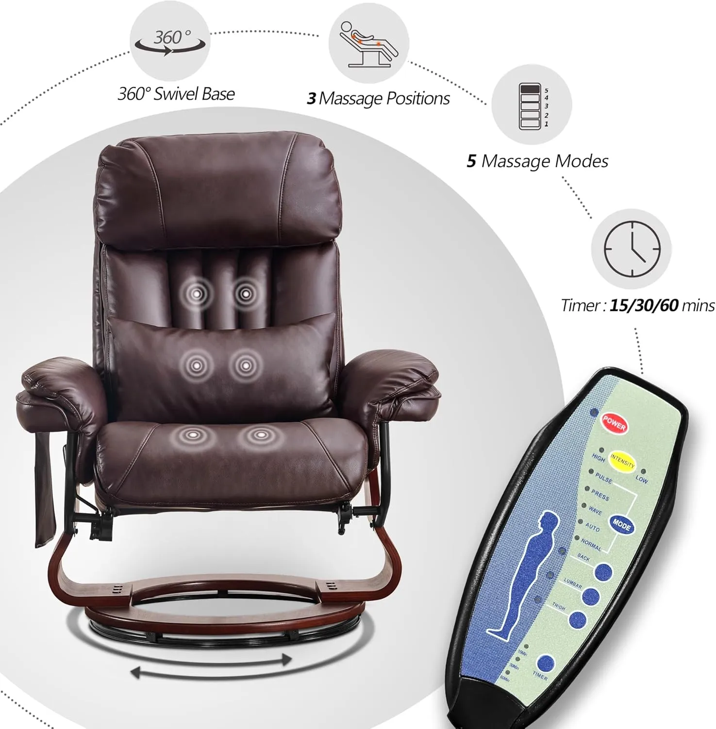 MCombo Swivel Recliner with Ottoman, Faux Leather TV Chair with Vibration Massage, Ideal for Small Space, Living Room & Bedroom (Faux Leather, Dark Brown)