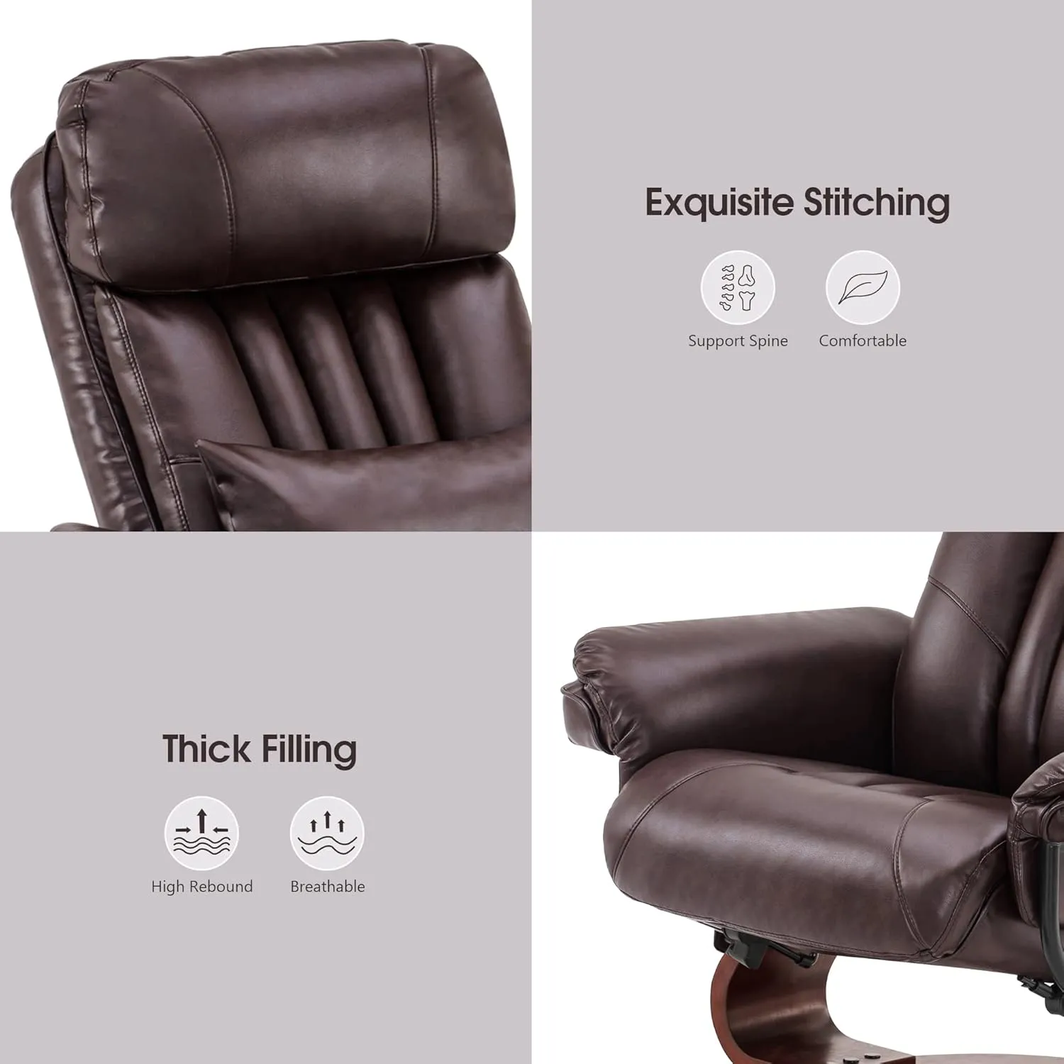 MCombo Swivel Recliner with Ottoman, Faux Leather TV Chair with Vibration Massage, Ideal for Small Space, Living Room & Bedroom (Faux Leather, Dark Brown)