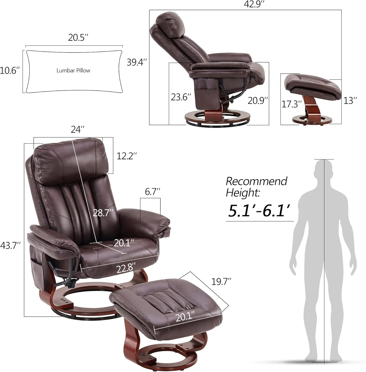 MCombo Swivel Recliner with Ottoman, Faux Leather TV Chair with Vibration Massage, Ideal for Small Space, Living Room & Bedroom (Faux Leather, Dark Brown)