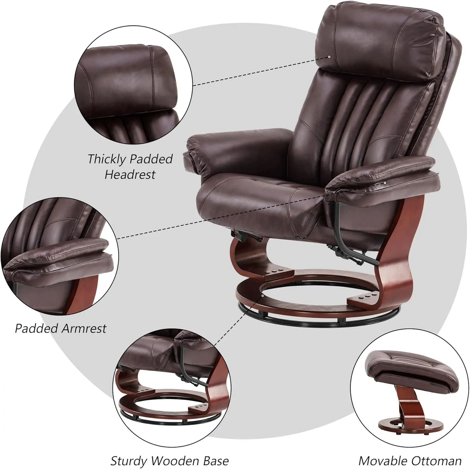 MCombo Swivel Recliner with Ottoman, Faux Leather TV Chair with Vibration Massage, Ideal for Small Space, Living Room & Bedroom (Faux Leather, Dark Brown)