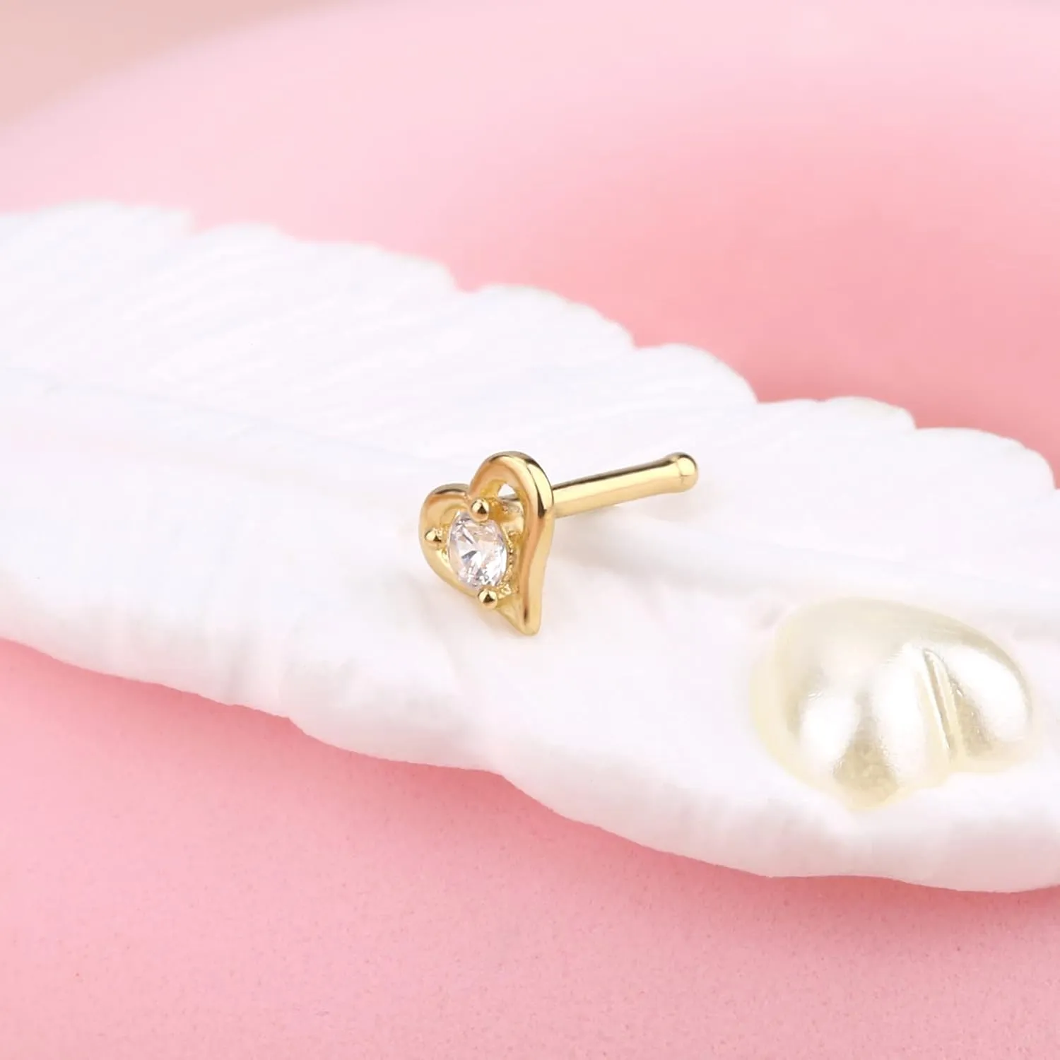 MeIighting Gold Nose Rings 9K 20G Heart Nose Stud Shaped Clear Round CZ Star Nose Piercing Jewelry for Women Men Real Gold