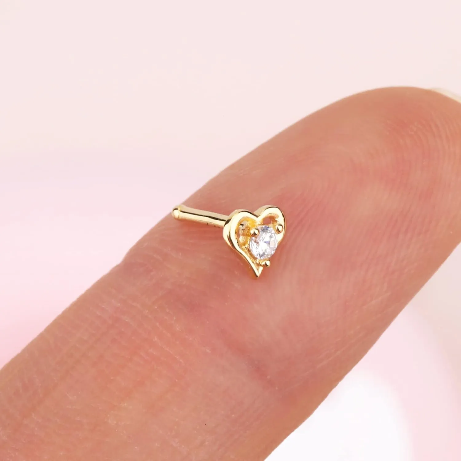 MeIighting Gold Nose Rings 9K 20G Heart Nose Stud Shaped Clear Round CZ Star Nose Piercing Jewelry for Women Men Real Gold