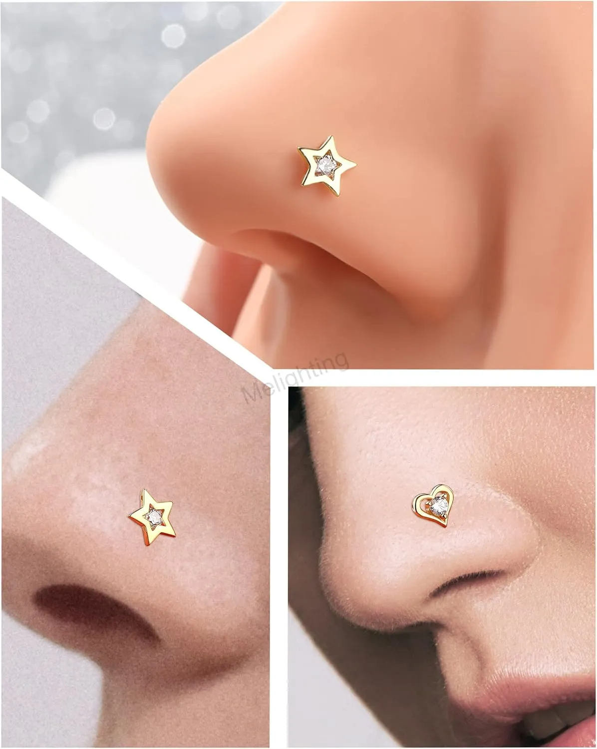 MeIighting Gold Nose Rings 9K 20G Heart Nose Stud Shaped Clear Round CZ Star Nose Piercing Jewelry for Women Men Real Gold
