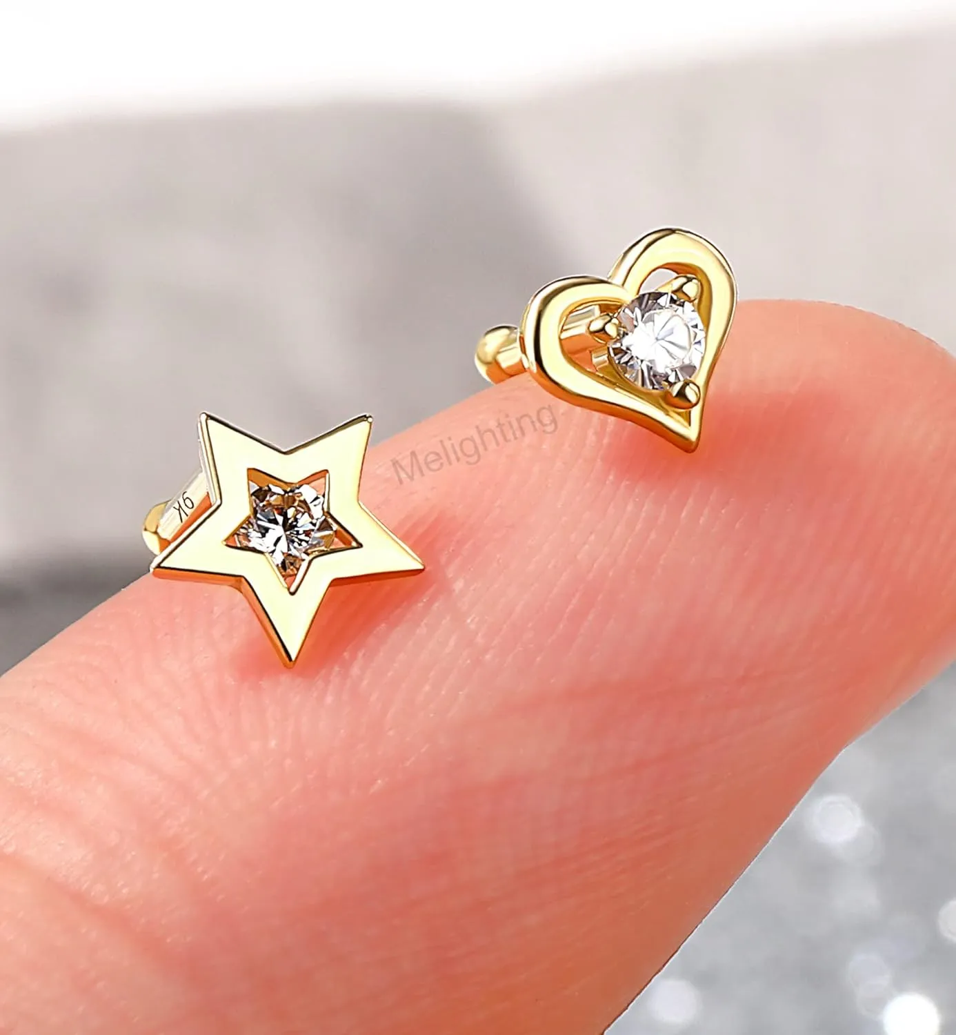 MeIighting Gold Nose Rings 9K 20G Heart Nose Stud Shaped Clear Round CZ Star Nose Piercing Jewelry for Women Men Real Gold