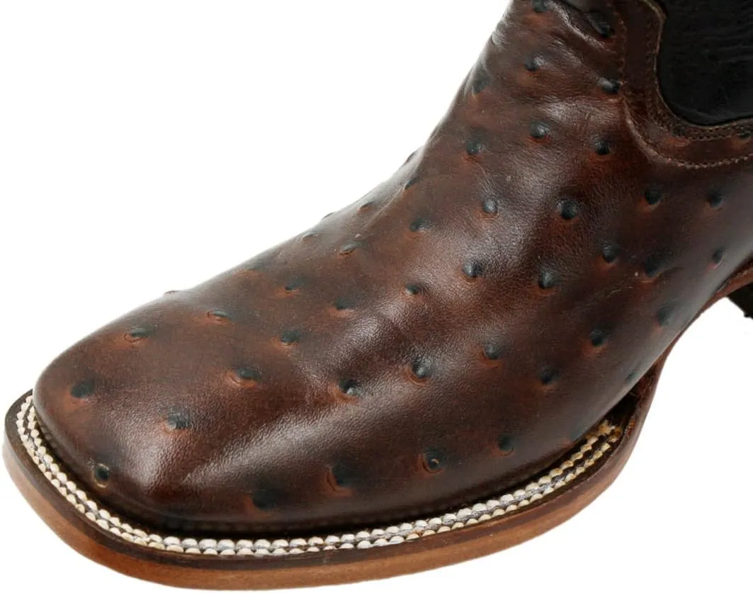 Men Genuine Cowhide Leather Square Toe Ostrich Print Western Cowboy
