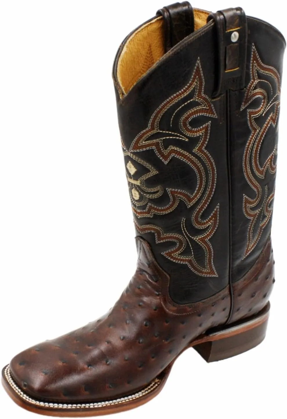Men Genuine Cowhide Leather Square Toe Ostrich Print Western Cowboy