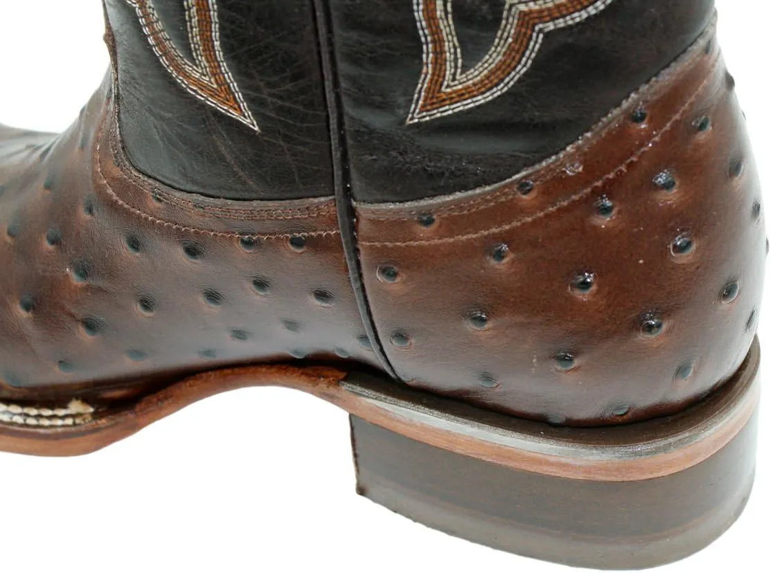 Men Genuine Cowhide Leather Square Toe Ostrich Print Western Cowboy