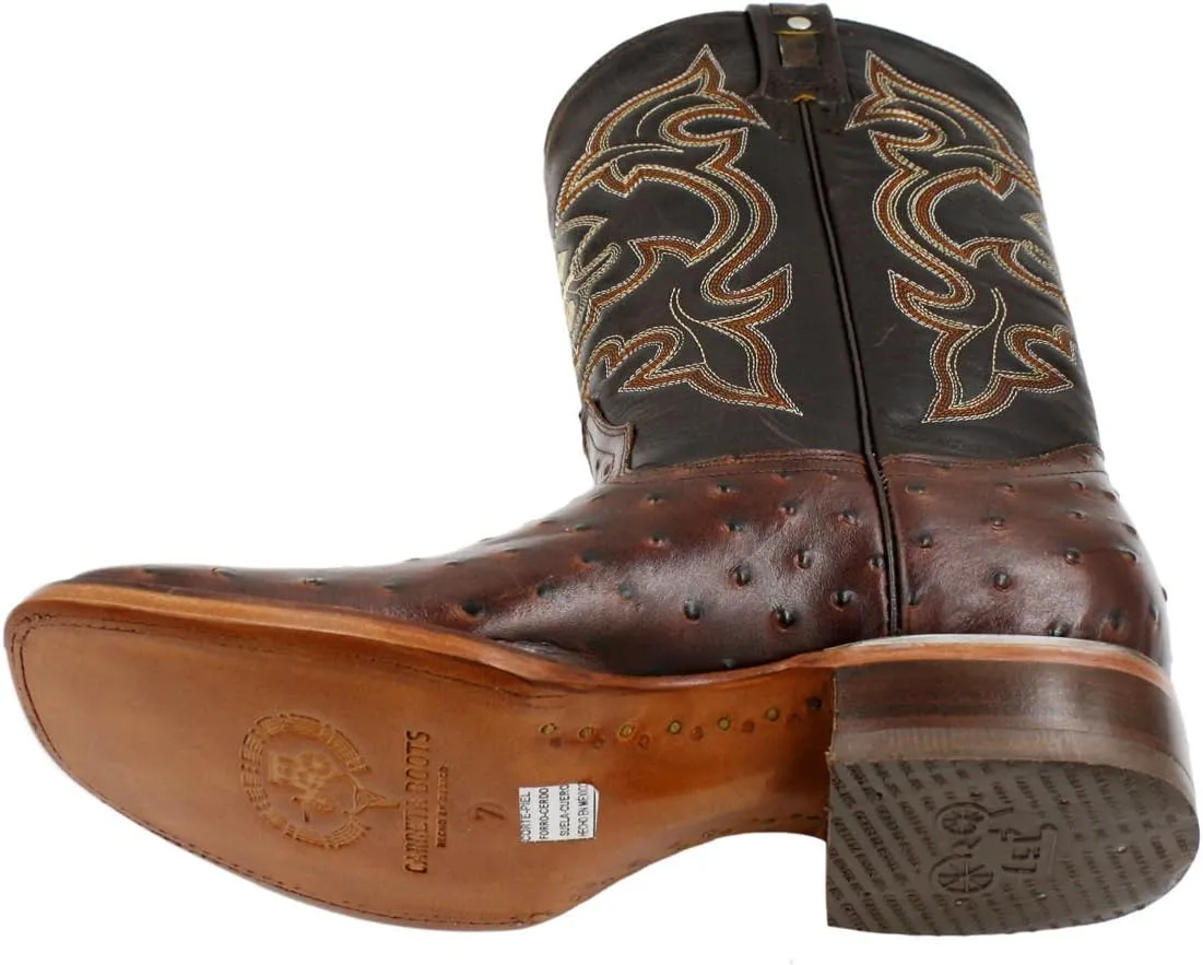 Men Genuine Cowhide Leather Square Toe Ostrich Print Western Cowboy