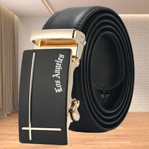 Men's Faux Leather Belt LA Embossed Buckle Business Casual Style
