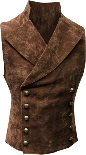 Men's Faux Suede Vests Casual Slim Fit Gothic Victorian Waistcoats Belt Buckle Vintage Steampunk Party Vest Plus Size