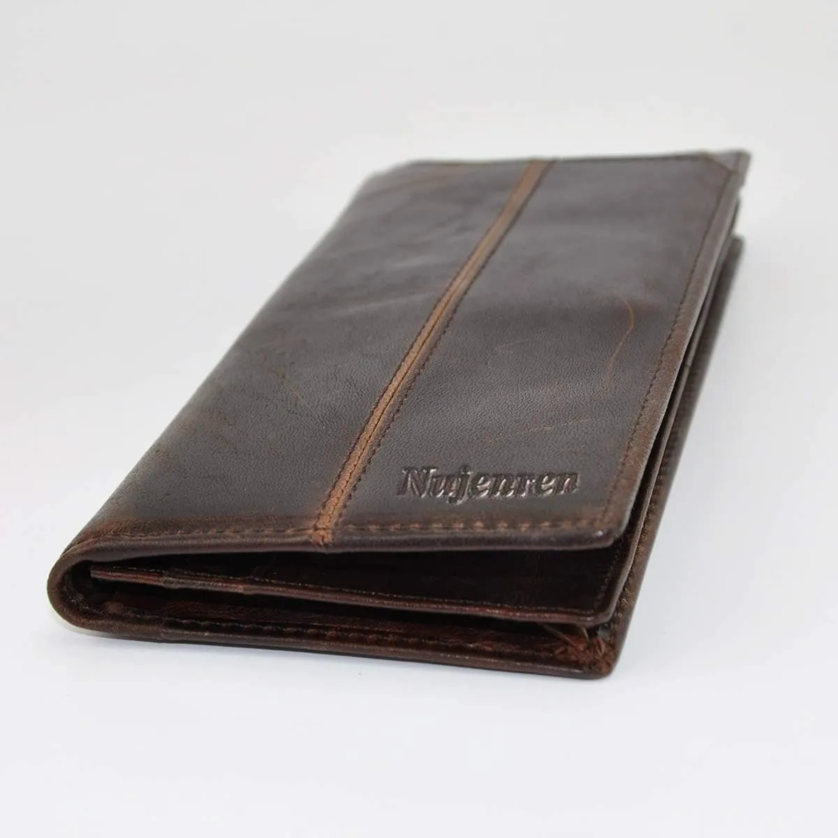 Mens Genuine Leather Bifold Wallet Organizer Checkbook Card Case Long (Brown)