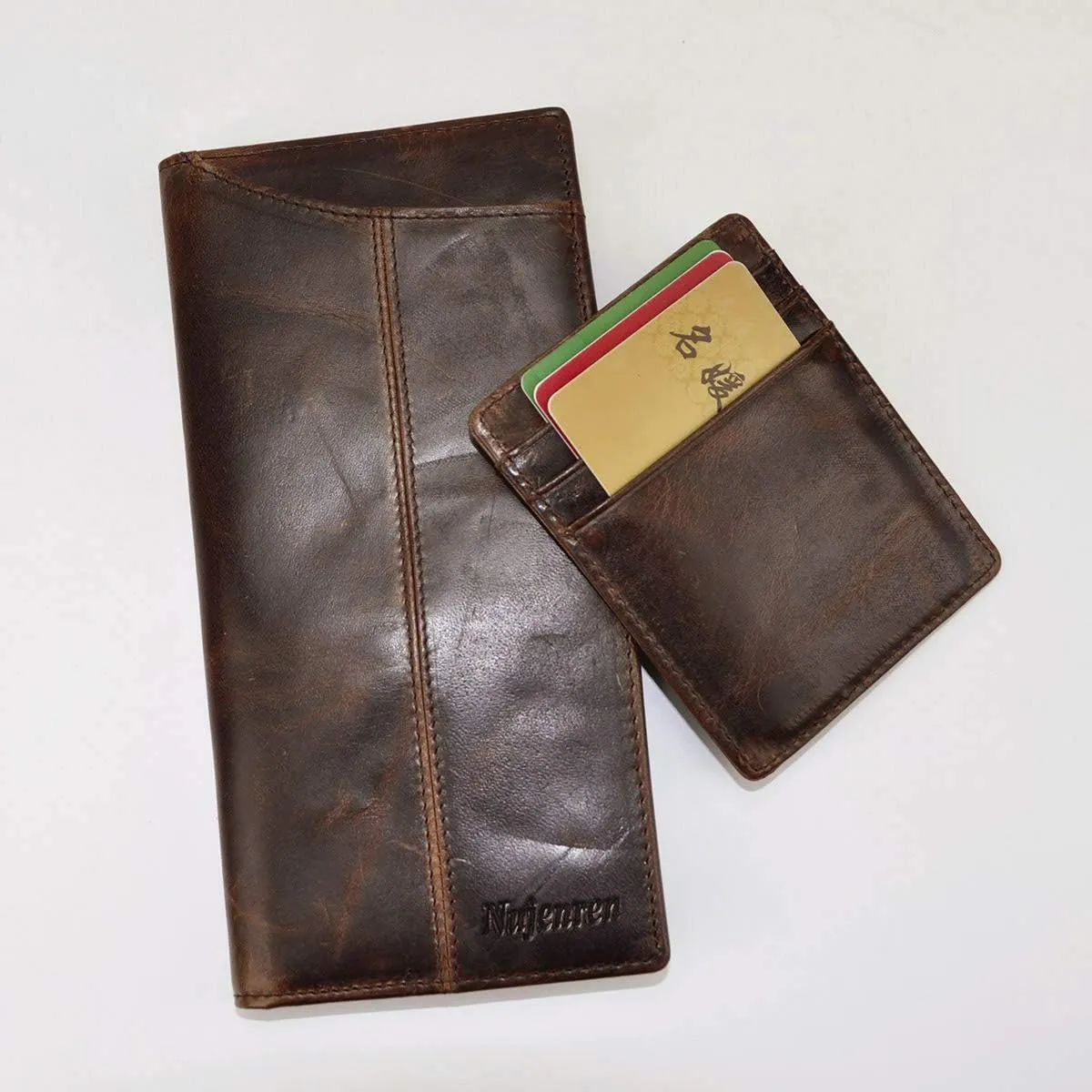 Mens Genuine Leather Bifold Wallet Organizer Checkbook Card Case Long (Brown)