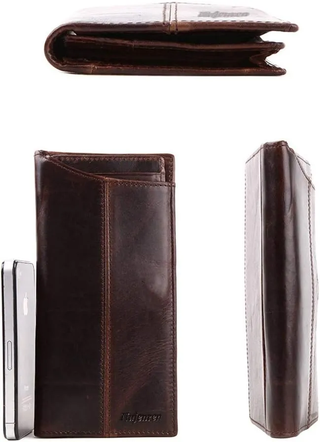 Mens Genuine Leather Bifold Wallet Organizer Checkbook Card Case Long (Brown)
