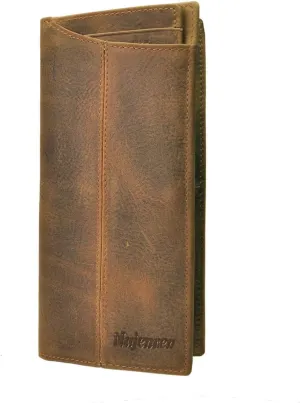 Mens Genuine Leather Bifold Wallet Organizer Checkbook Card Case Long (Light Brown with Logo)