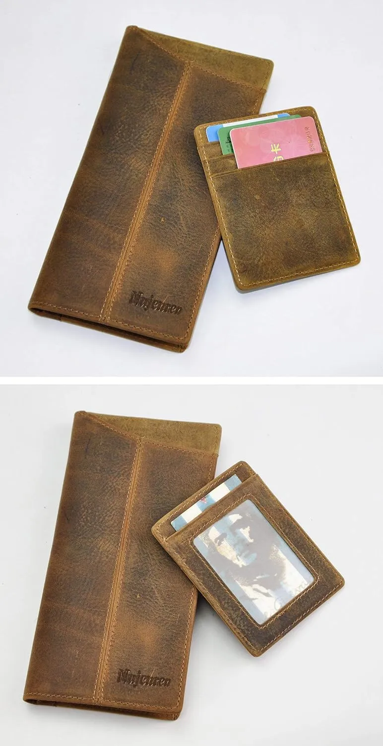 Mens Genuine Leather Bifold Wallet Organizer Checkbook Card Case Long (Light Brown with Logo)