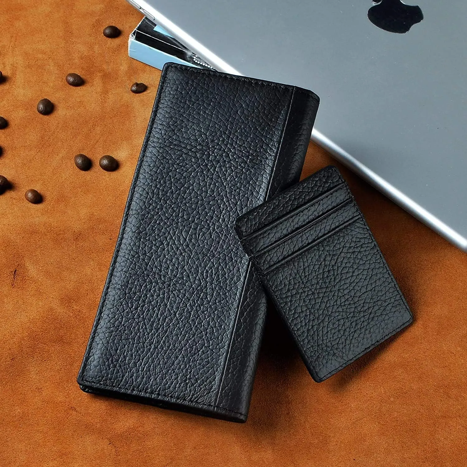 Mens Genuine Leather Bifold Wallet Organizer Checkbook Card Case Long (M 1019 Black with Logo)