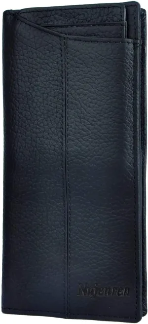 Mens Genuine Leather Bifold Wallet Organizer Checkbook Card Case Long (M 1019 Black with Logo)