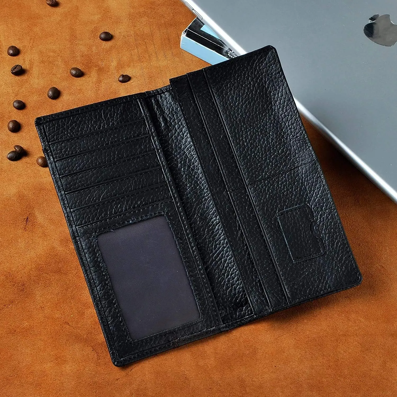 Mens Genuine Leather Bifold Wallet Organizer Checkbook Card Case Long (M 1019 Black with Logo)