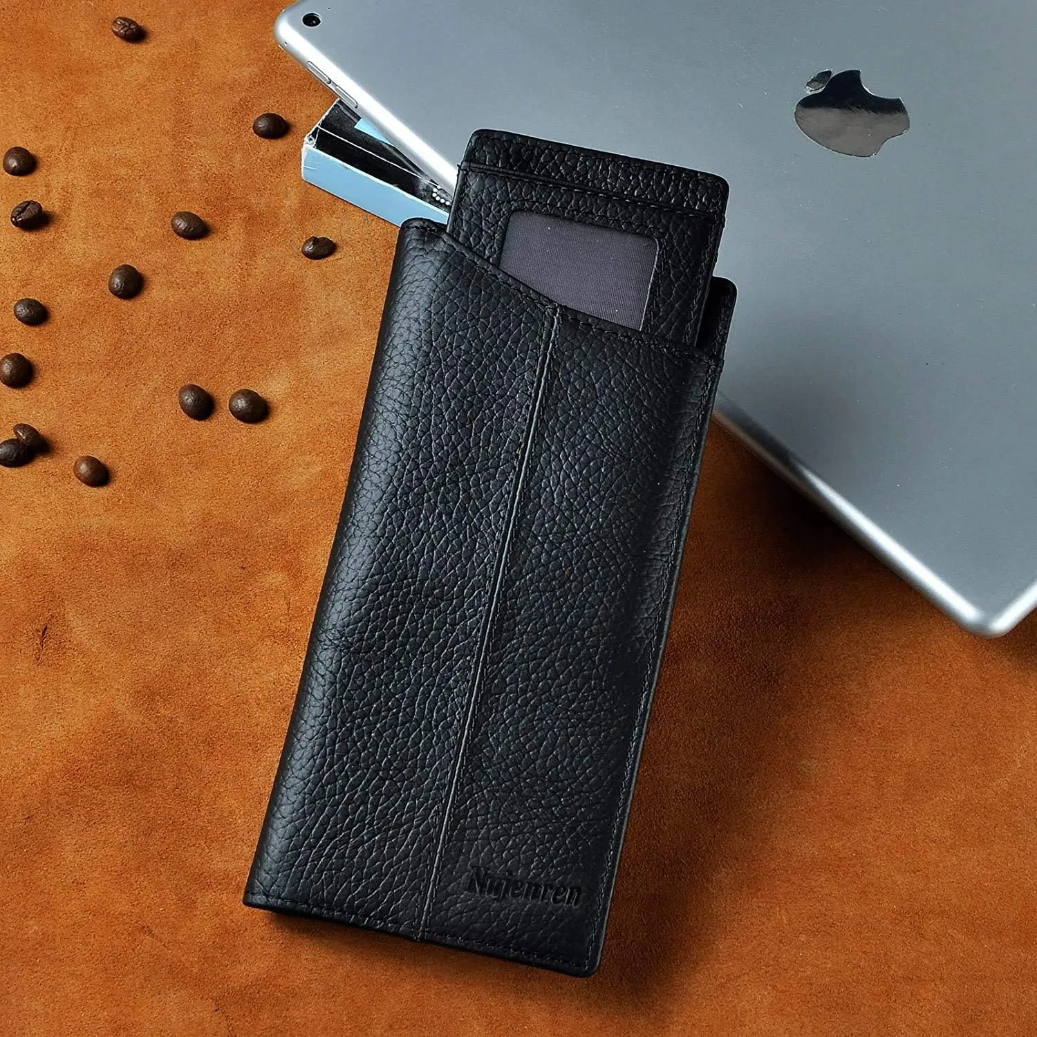 Mens Genuine Leather Bifold Wallet Organizer Checkbook Card Case Long (M 1019 Black with Logo)