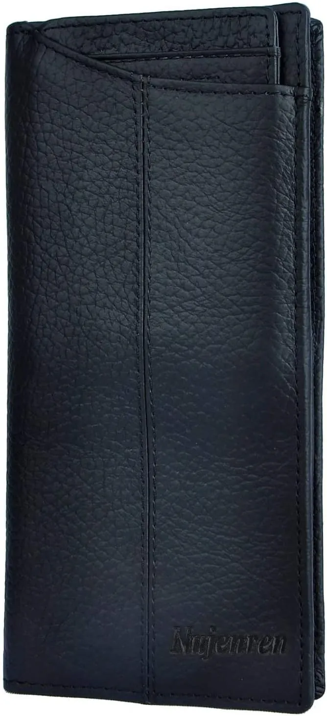 Mens Genuine Leather Bifold Wallet Organizer Checkbook Card Case Long (M 1019 Black with Logo)