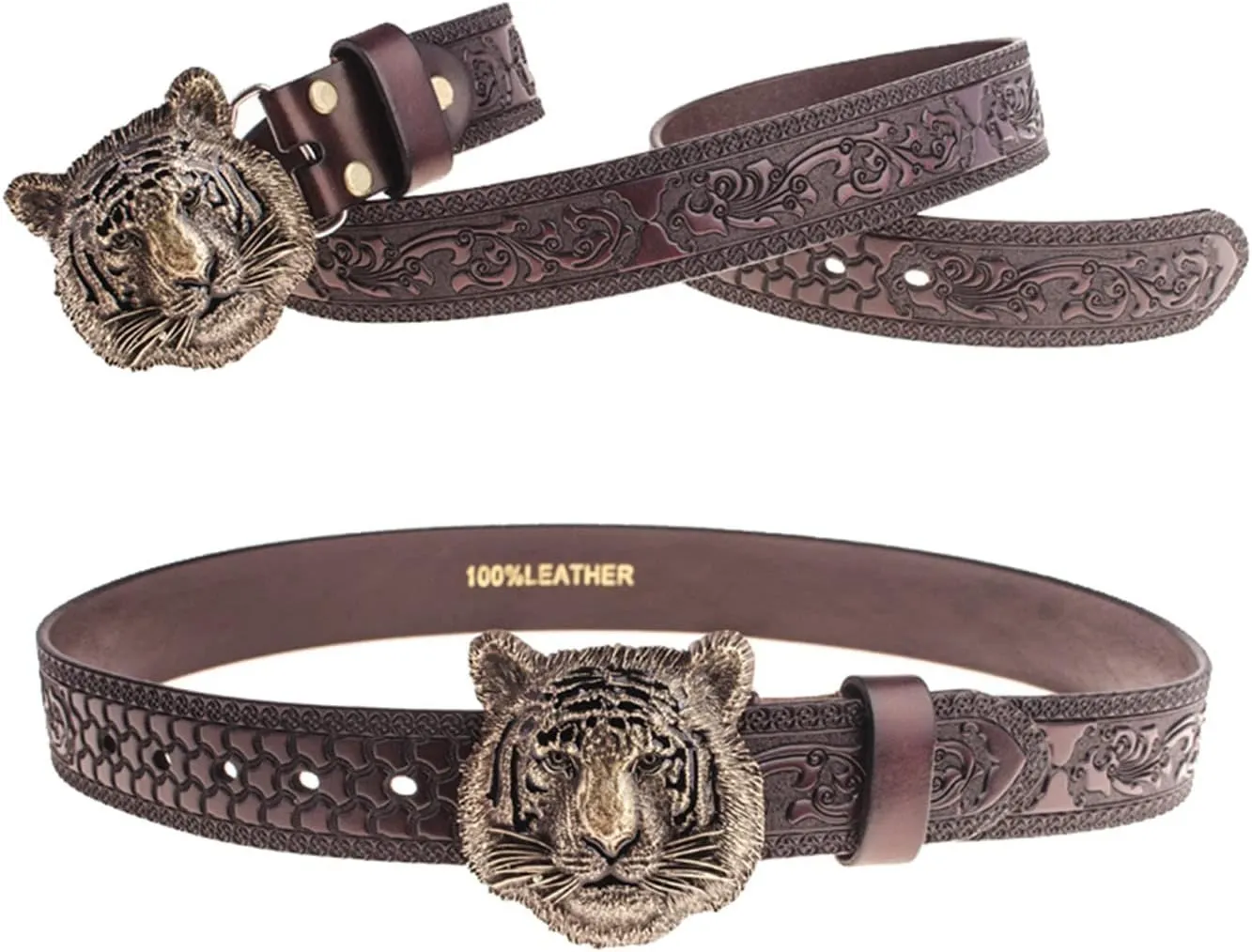 Mens Golden Tiger Head Buckle Belt Fashion Jeans Decorative Western Belt