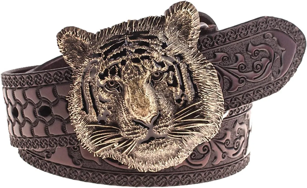 Mens Golden Tiger Head Buckle Belt Fashion Jeans Decorative Western Belt