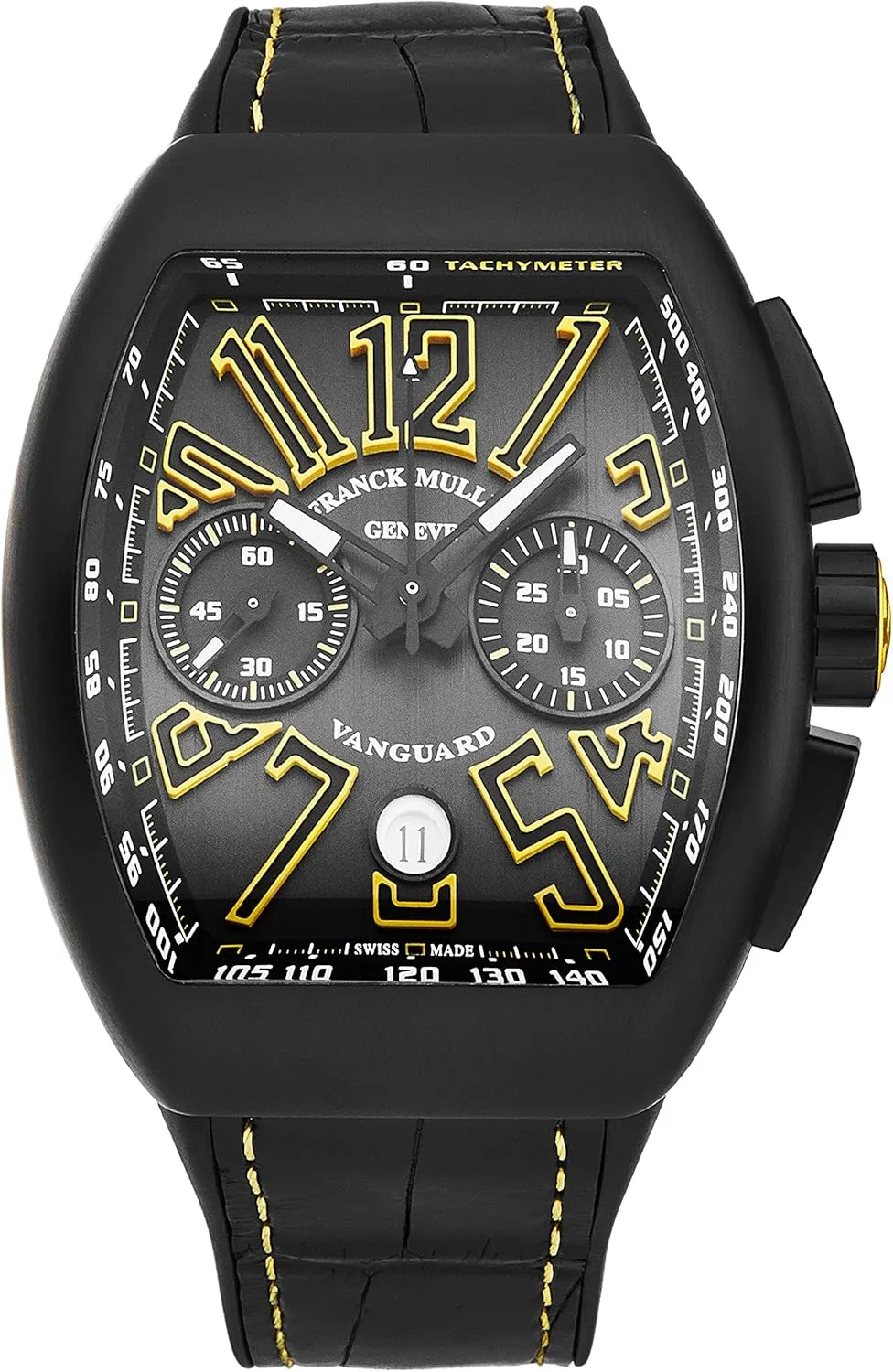 Men's 'Vanguard' Chronograph Black Dial Black Rubber/Leather Strap Automatic Watch 45CCBLKBLKYEL