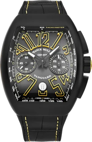 Men's 'Vanguard' Chronograph Black Dial Black Rubber/Leather Strap Automatic Watch 45CCBLKBLKYEL