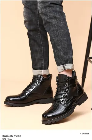 Men's Vintage Mid-calf Boots, Motorcycle Boots, Lace-up Colorblocked Featured Pattern Design - Casual Round Toe, Suitable for All Seasons