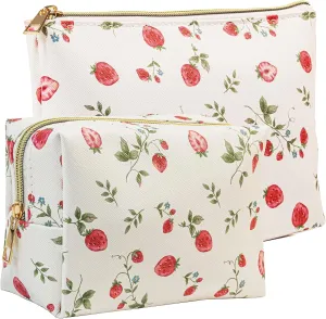 METALPHA Cute Strawberry Makeup Bag Set, 2 PCS Aesthetic Strawberries PU Leather Make Up Bags with Zipper, Cosmetic Bags Travel Toiletry Bag Purse