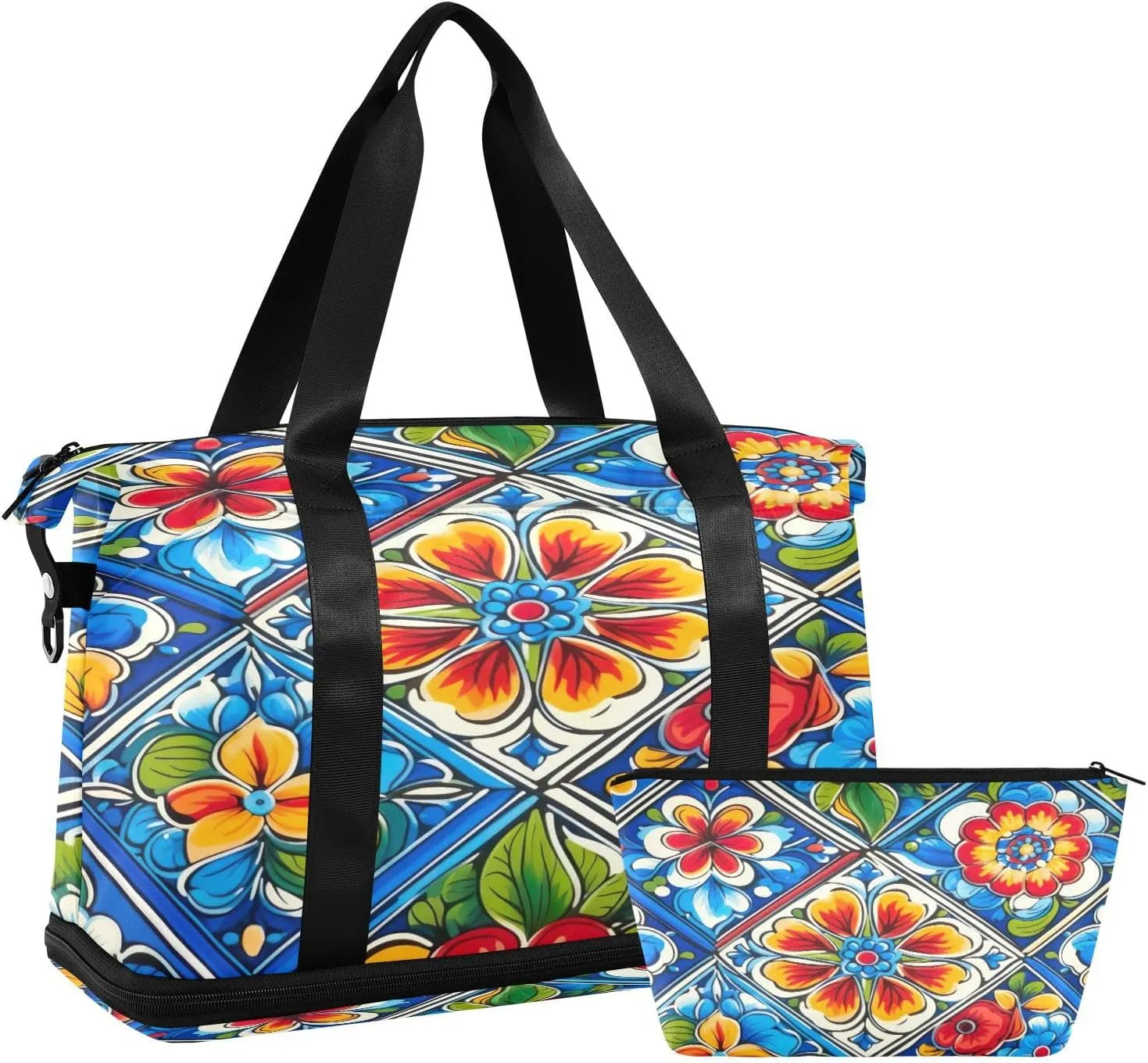 Mexican Floral Ceramic Tile Sports Gym Bag,Travel Duffel bag with Wet Pocket & Shoes Compartment Lightweight Waterproof Overnight Bag for Men Women