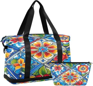 Mexican Floral Ceramic Tile Sports Gym Bag,Travel Duffel bag with Wet Pocket & Shoes Compartment Lightweight Waterproof Overnight Bag for Men Women