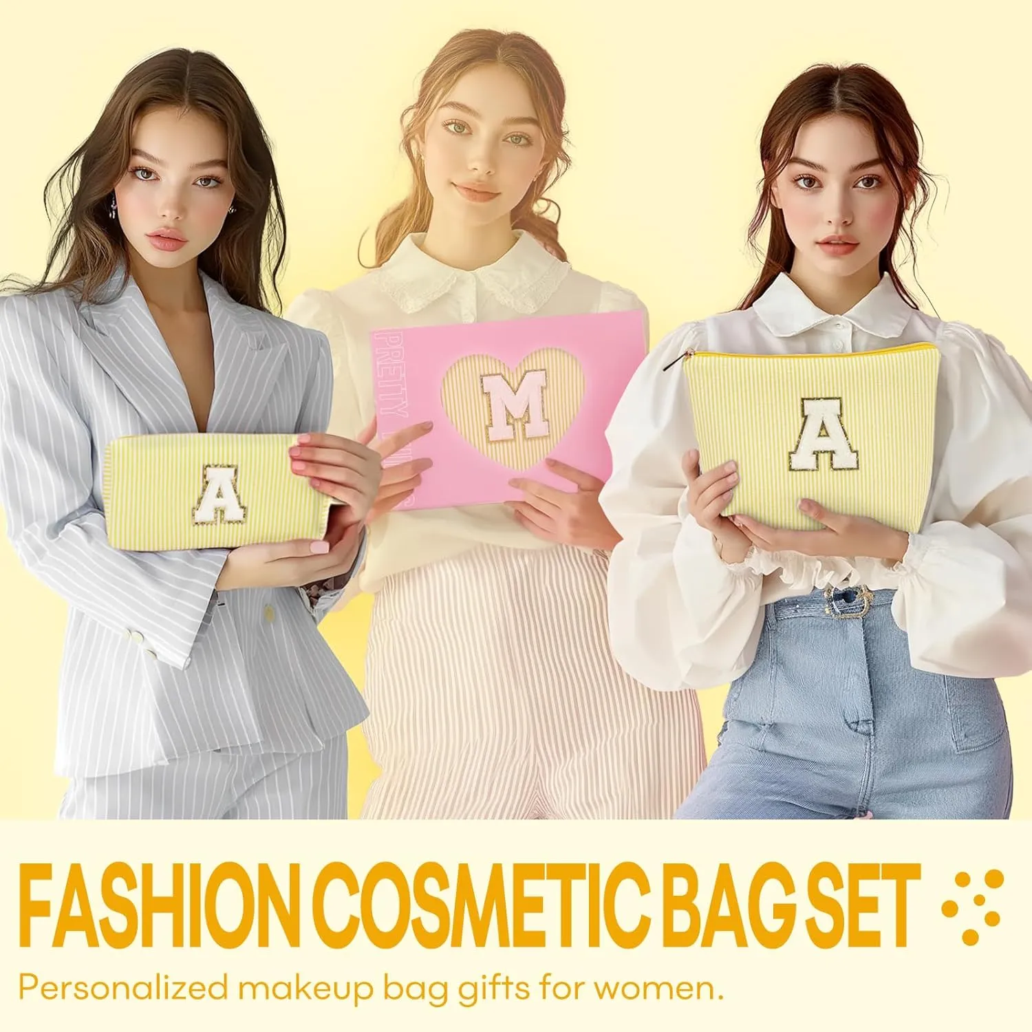 mibasies 2 PCS Initial Makeup Bags: Mothers Day Gifts for Women - Cosmetic Bag for Travel Toiletry - Gifts for 11 12 13 14 15 16 17 18 Years Old Teen Girl Gifts Graduation Teacher Gifts - Yellow A