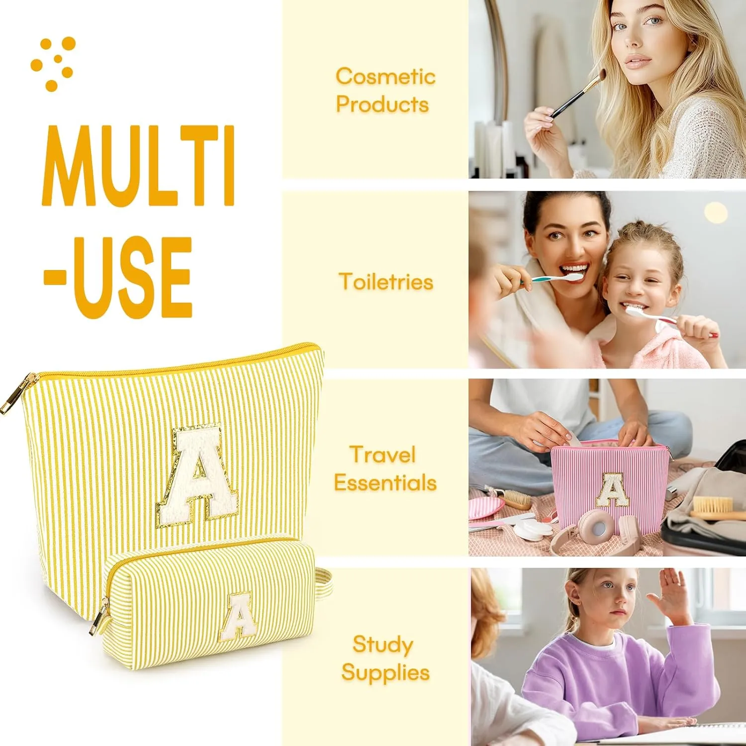 mibasies 2 PCS Initial Makeup Bags: Mothers Day Gifts for Women - Cosmetic Bag for Travel Toiletry - Gifts for 11 12 13 14 15 16 17 18 Years Old Teen Girl Gifts Graduation Teacher Gifts - Yellow A