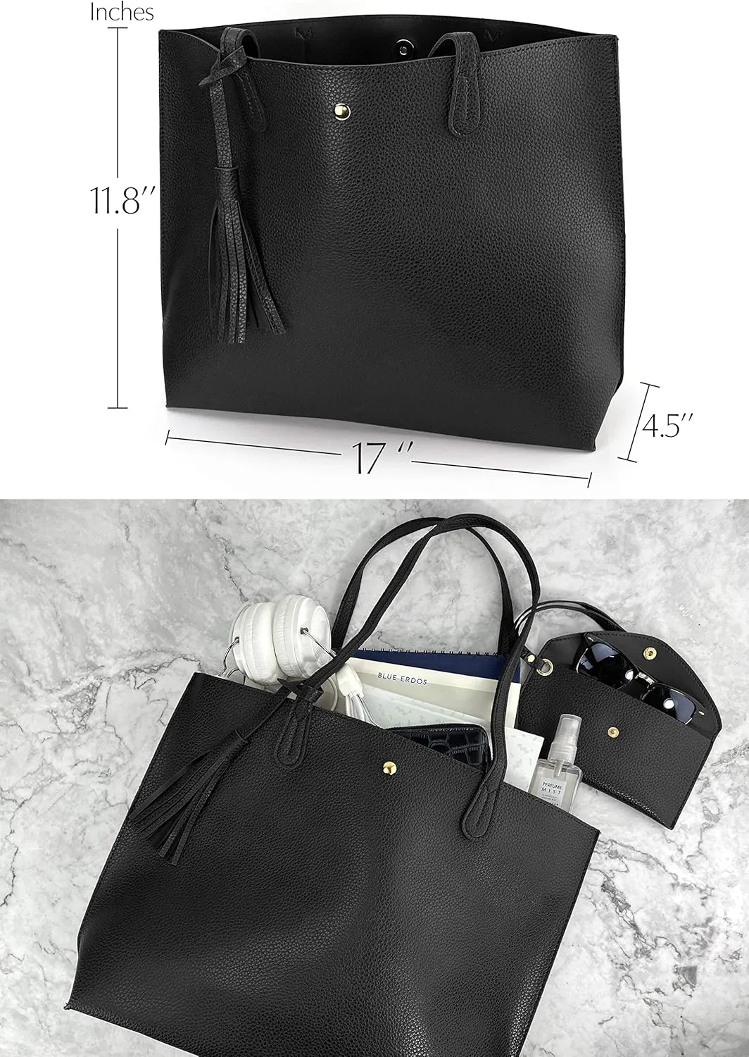 Minimalist Clean Cut Pebbled Faux Leather Tote Womens Shoulder Handbag (Black)