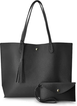 Minimalist Clean Cut Pebbled Faux Leather Tote Womens Shoulder Handbag (Black)