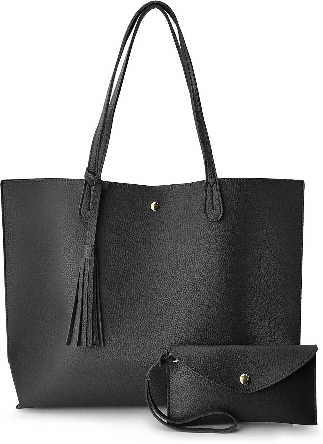 Minimalist Clean Cut Pebbled Faux Leather Tote Womens Shoulder Handbag (Black)