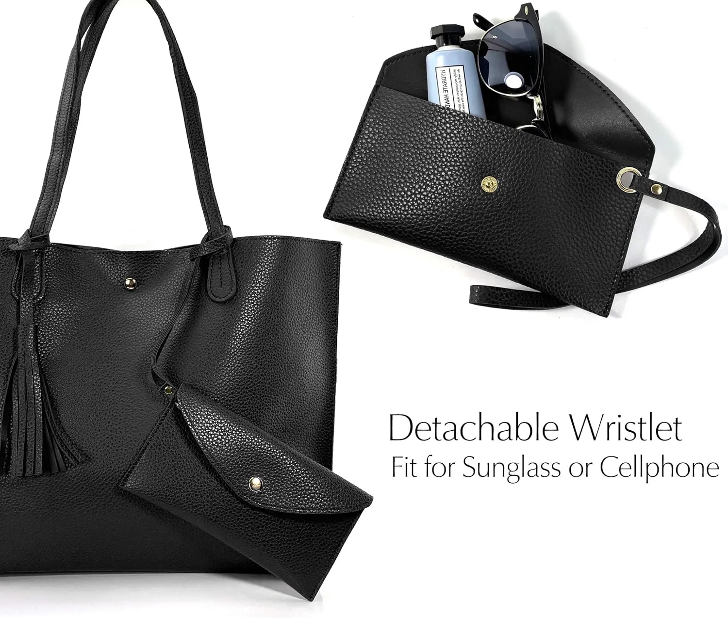Minimalist Clean Cut Pebbled Faux Leather Tote Womens Shoulder Handbag (Black)