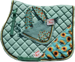 Mint Green Sunflower All Purpose English Saddle Pad with Matching Fly Bonnet – Handmade Jumping Saddle Pad Set