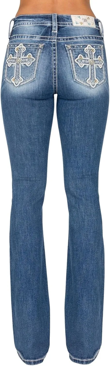Miss Me Women's Cross Applique Abstract Floral Stitch Mid-Rise Bootcut Jeans