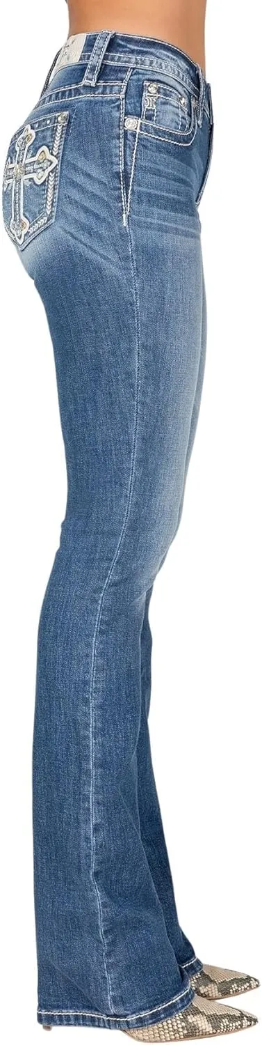 Miss Me Women's Cross Applique Abstract Floral Stitch Mid-Rise Bootcut Jeans