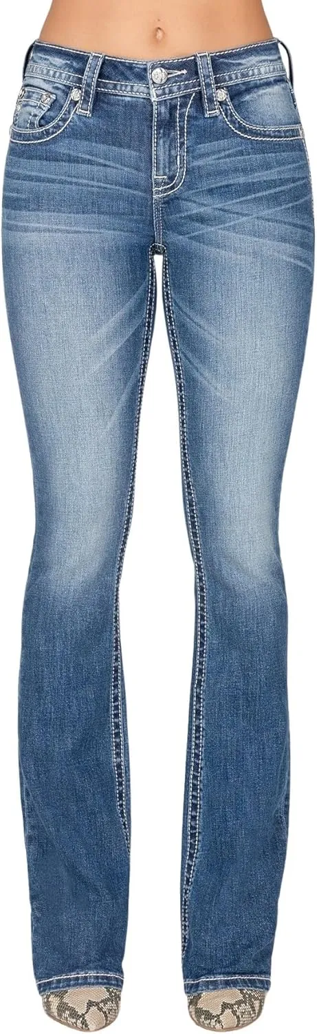 Miss Me Women's Cross Applique Abstract Floral Stitch Mid-Rise Bootcut Jeans