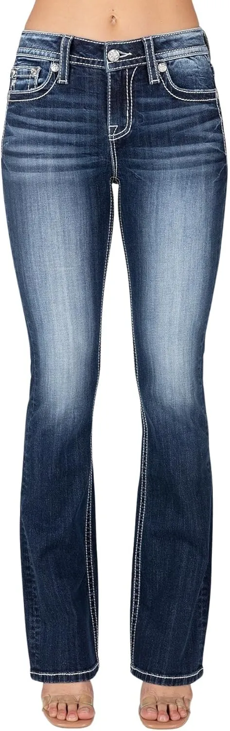 Miss Me Women's Gold and Turquoise Floral Mid-Rise Bootcut Jeans