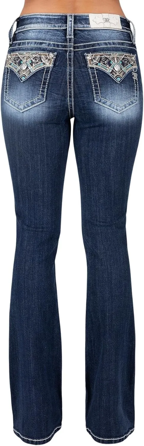 Miss Me Women's Gold and Turquoise Floral Mid-Rise Bootcut Jeans